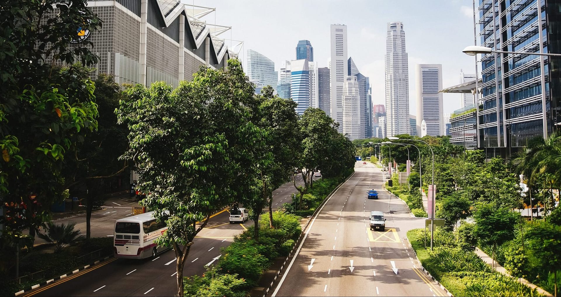 Green city of the future. City of the future. Harmony of city and nature. Sunny day in the big city.
